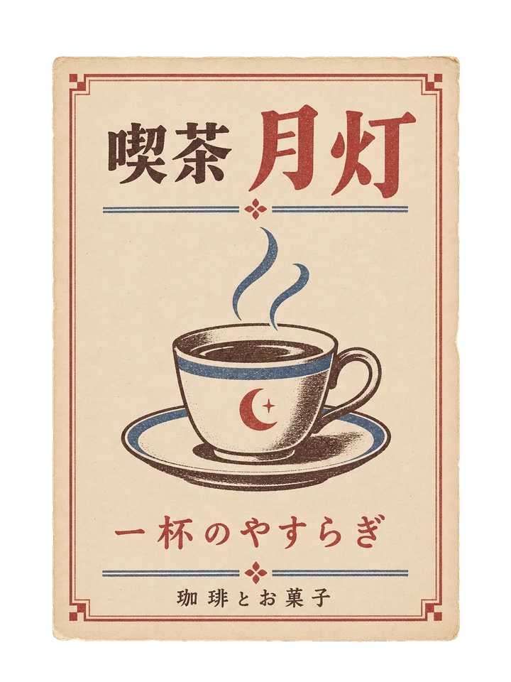 珈琲カップと湯気を刷った、喫茶月灯の小さな店頭広告。