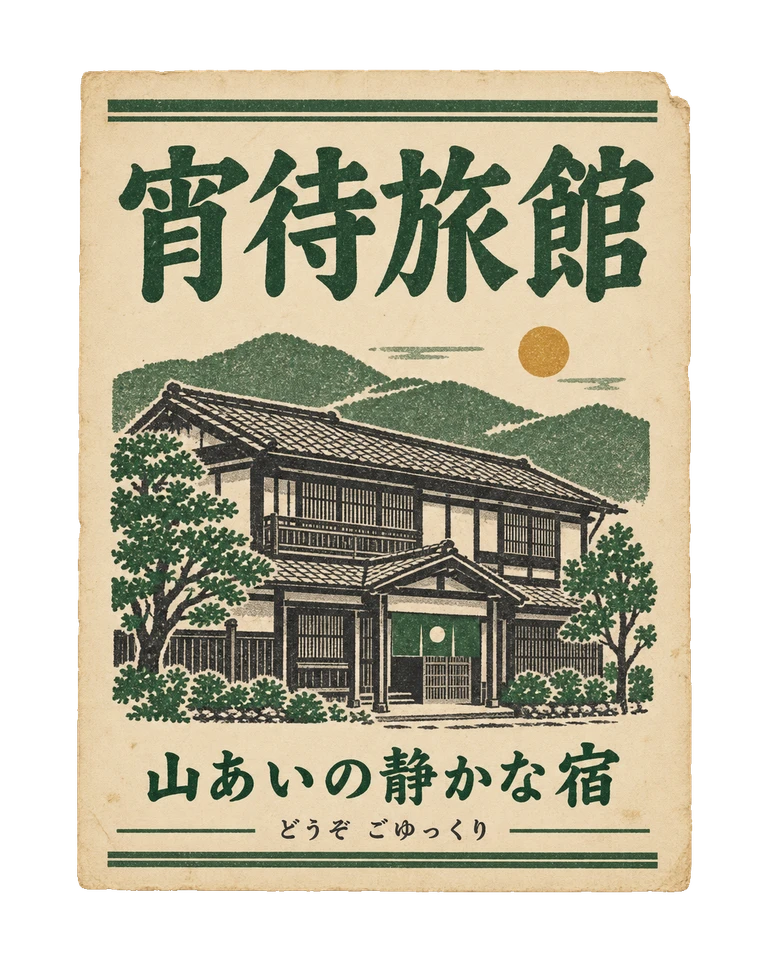 木造の宿と山の図案を添えた、宵待旅館の素朴な案内広告。