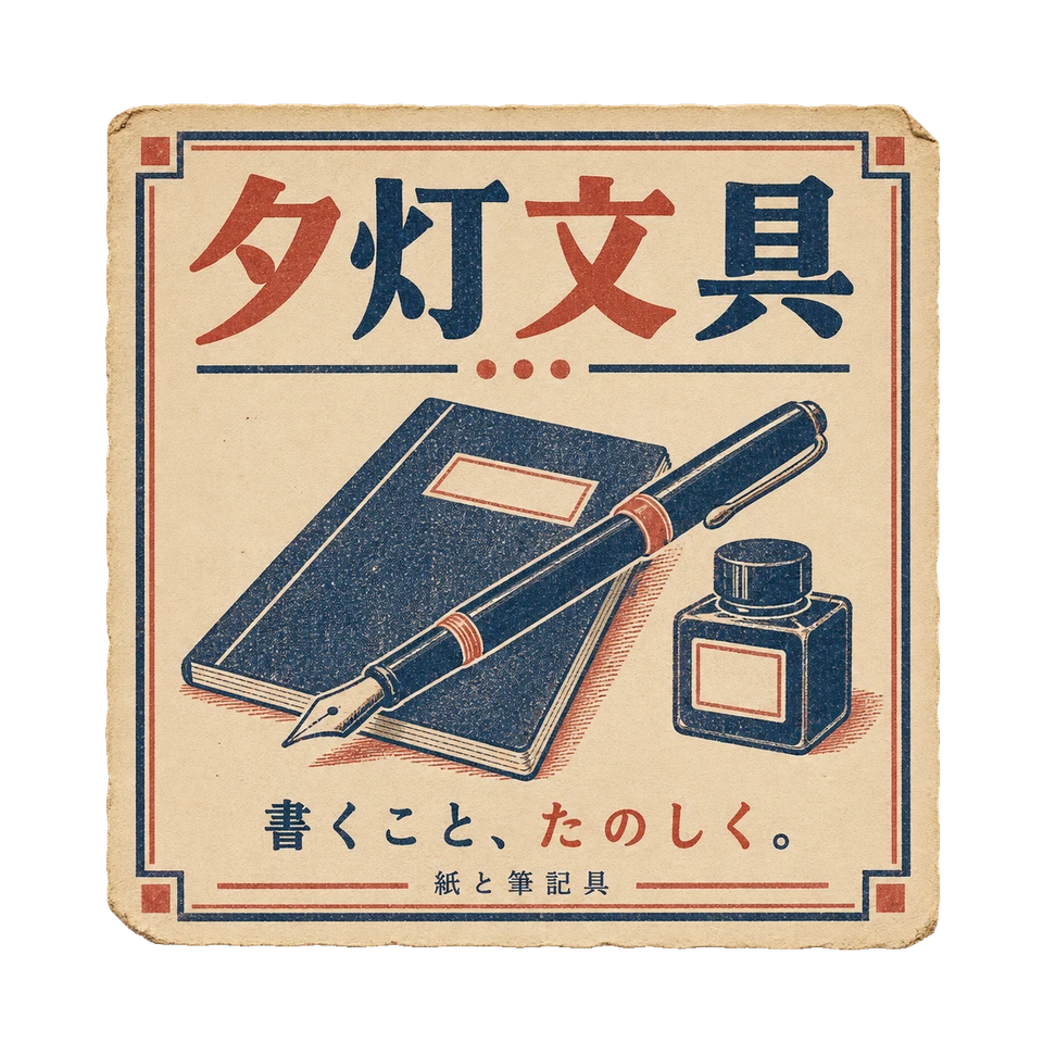 万年筆とノートを描いた、夕灯文具の藍色と朱色の小広告。