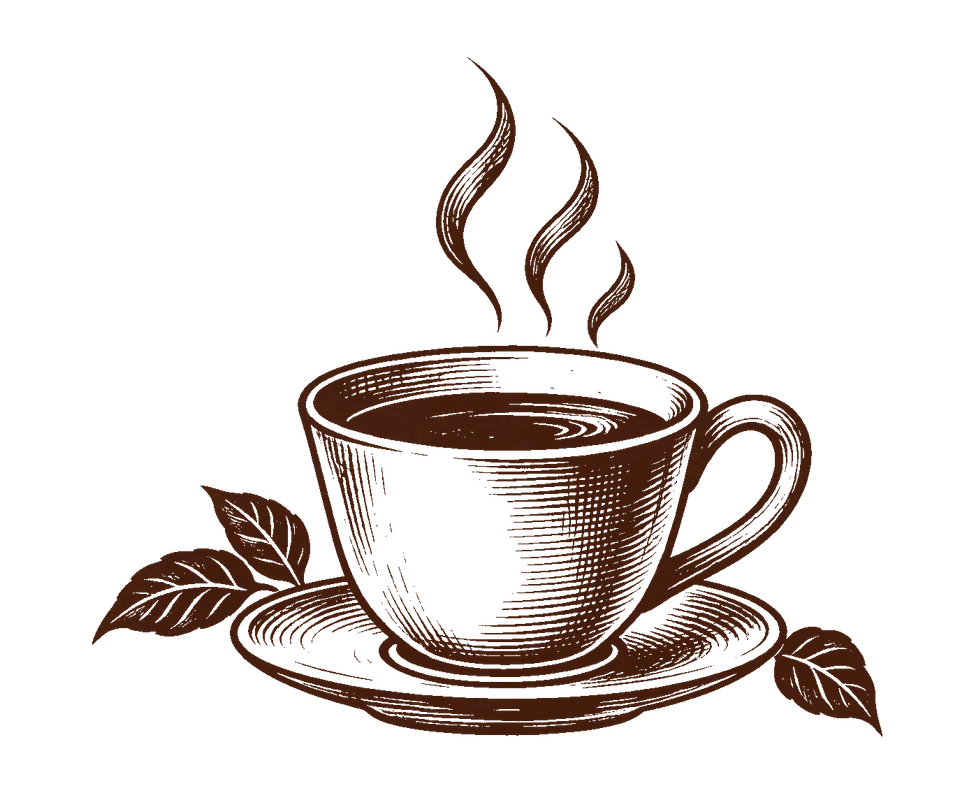 湯気の立つ珈琲カップを、こげ茶一色の活版挿絵風に描いた図案。