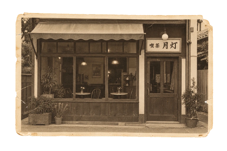 淡いセピアの古写真。木枠の窓と小さな丸卓、喫茶 月灯の店先を写した架空の風景。