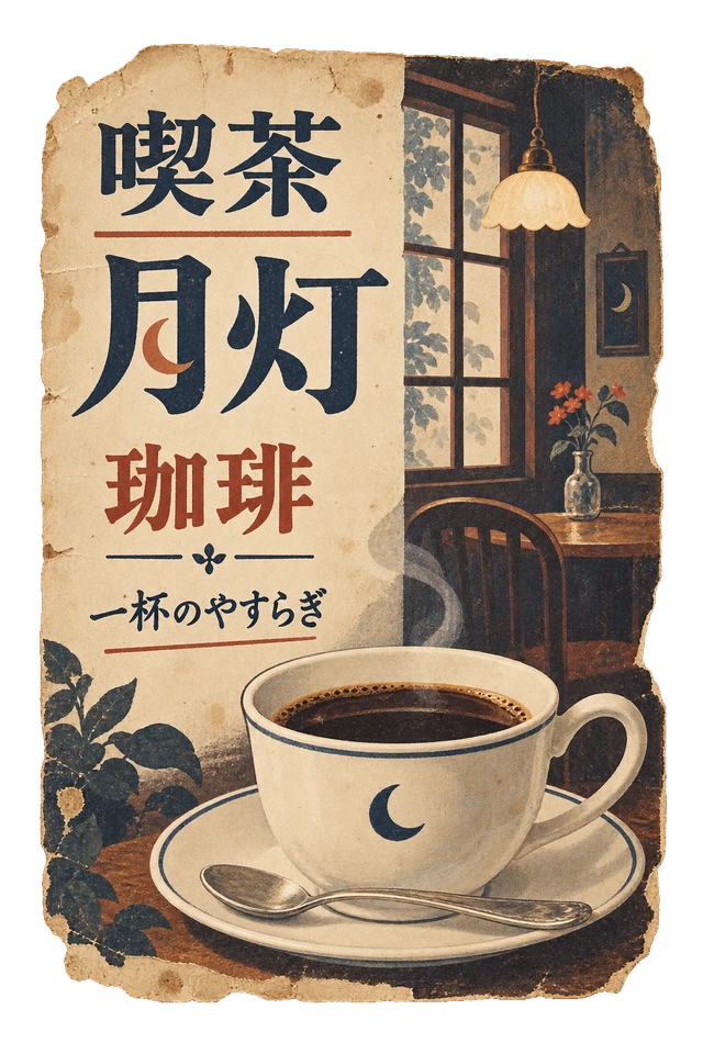 珈琲カップを大きく描いた、喫茶 月灯の絵入り広告。