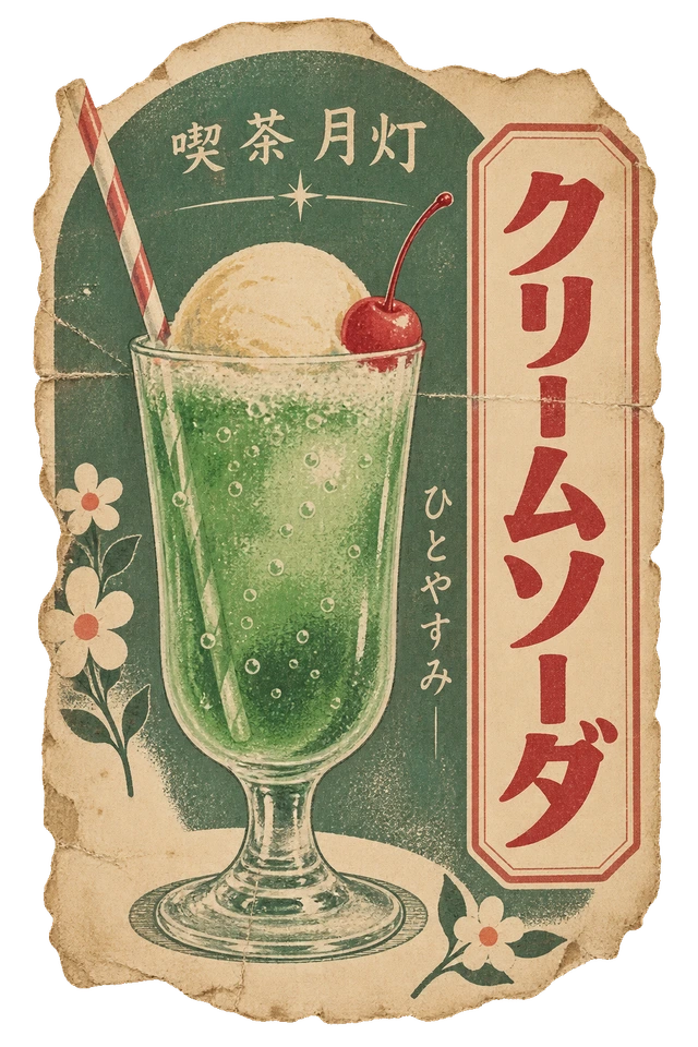 淡い緑のクリームソーダを描いた、喫茶 月灯の広告。