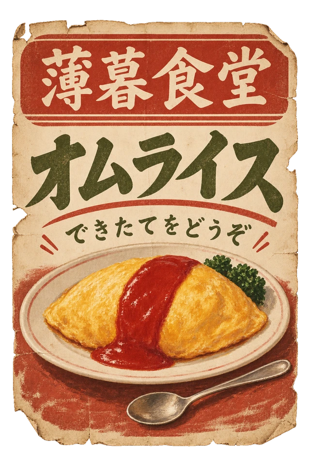 ケチャップをかけたオムライスを描いた、薄暮食堂の広告。