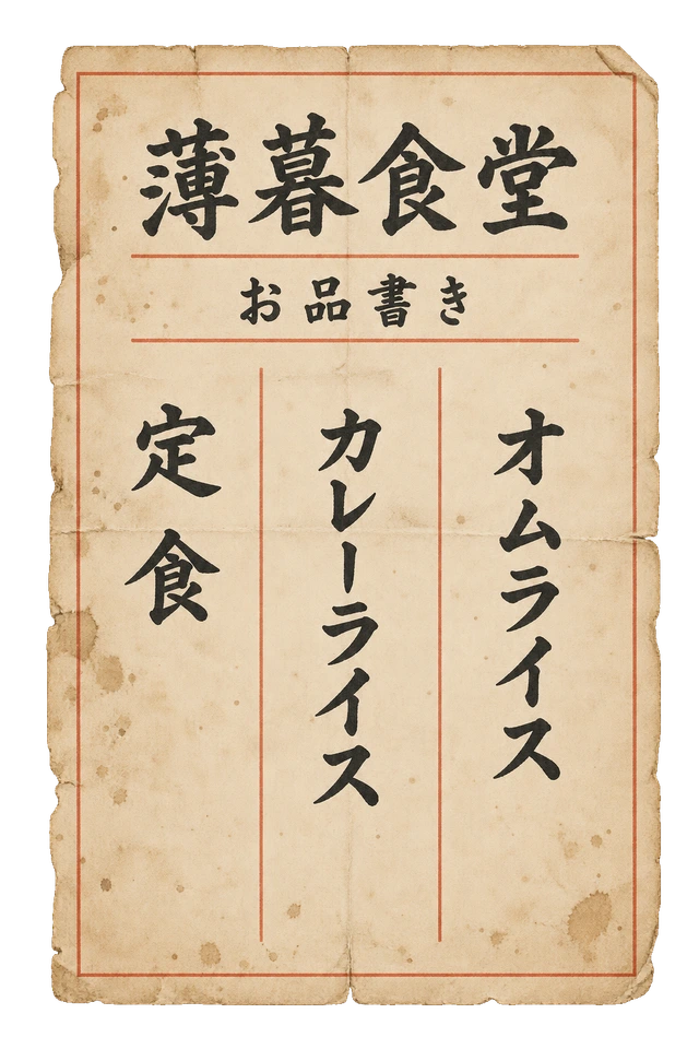 定食・カレーライス・オムライスを刷った、薄暮食堂のお品書き。
