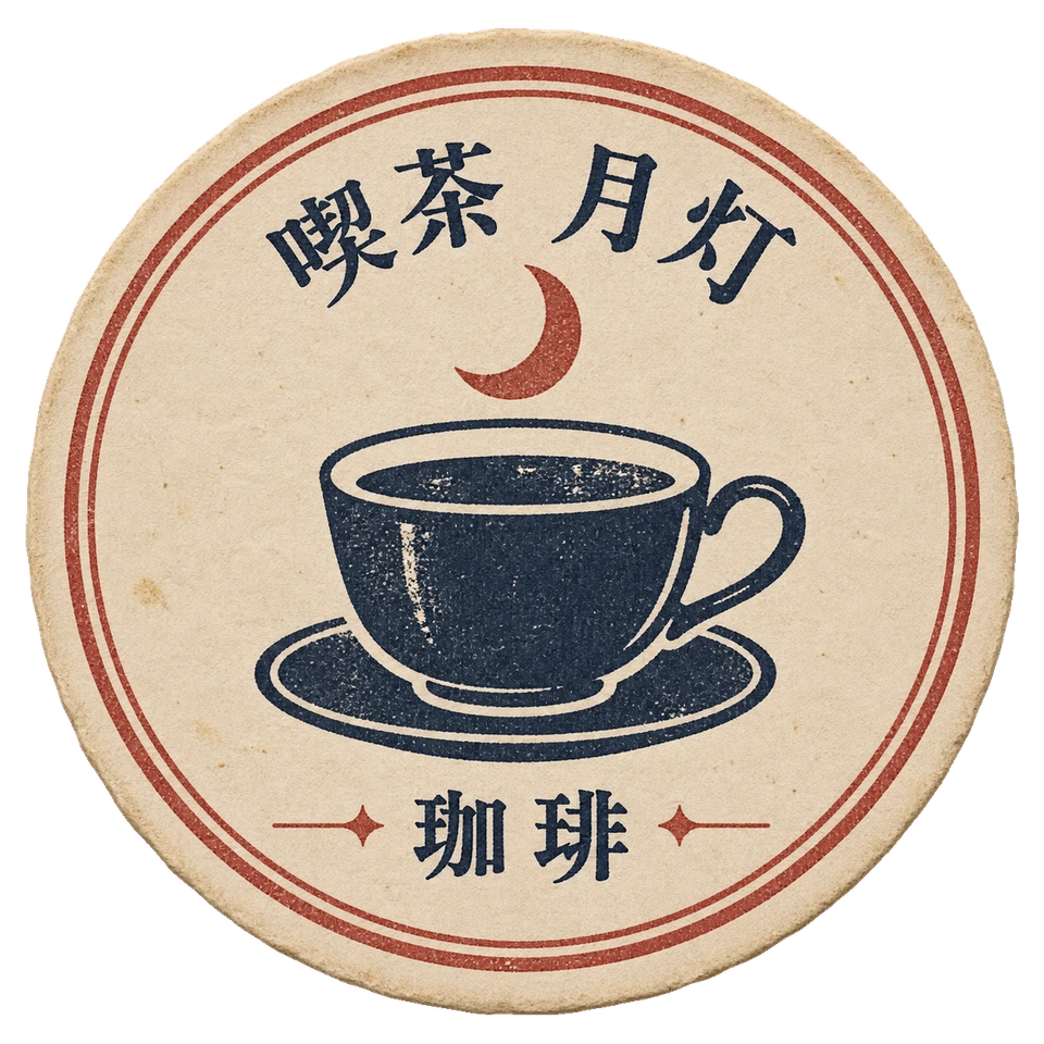 月と珈琲カップを刷った、喫茶 月灯の丸い紙コースター。