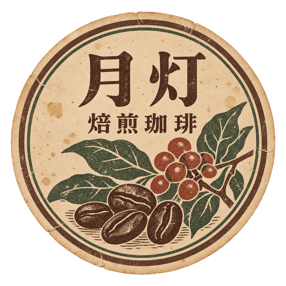 珈琲豆と葉を描いた、月灯の丸い商品ラベル。