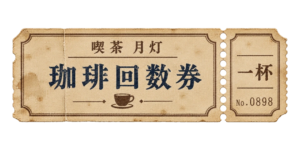 小さな切り取り穴を備えた、喫茶 月灯の珈琲回数券。