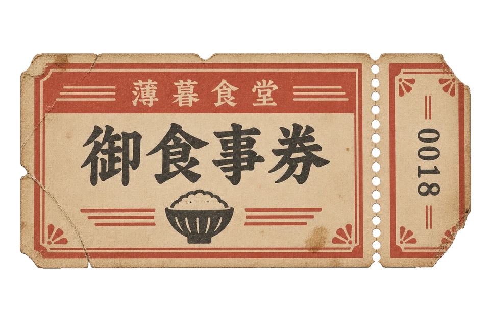 朱色の枠と番号を刷った、薄暮食堂の御食事券。