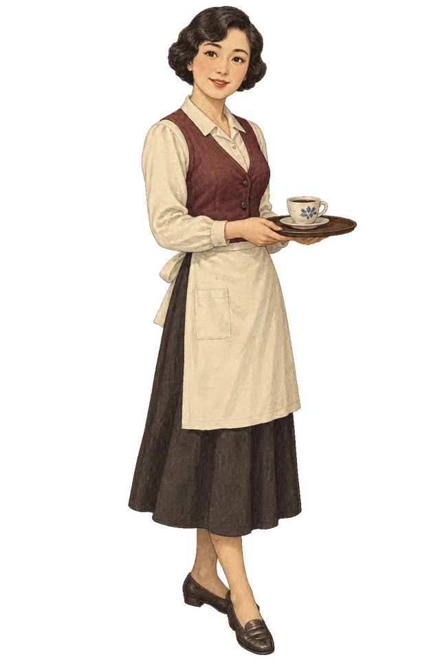 珈琲の盆を両手で持つ、落ち着いた制服姿の給仕。