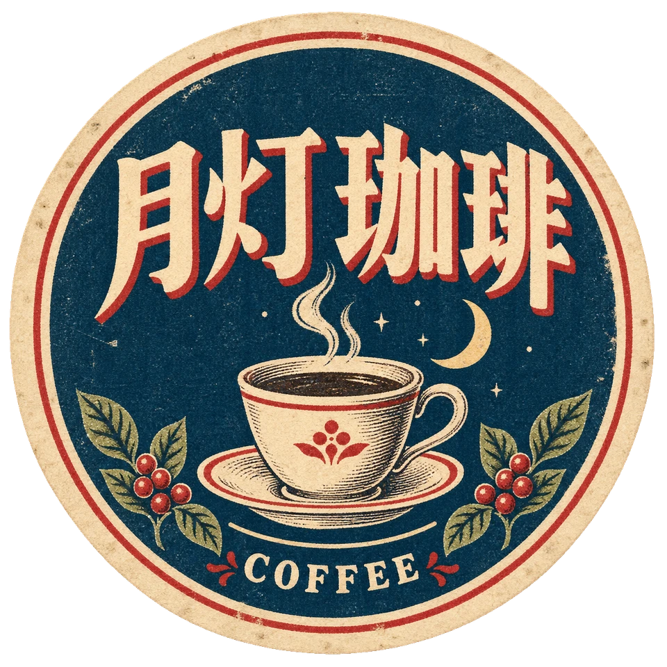 珈琲カップと小さな三日月を刷った、丸い月灯珈琲のラベル。