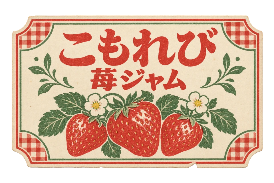 苺と小さな花を描いた、赤と緑の架空のジャムラベル。
