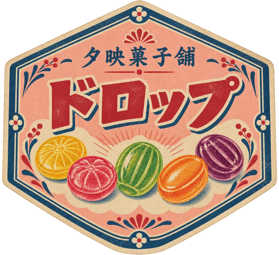色とりどりの飴を刷った、夕映菓子舗の六角形のドロップラベル。