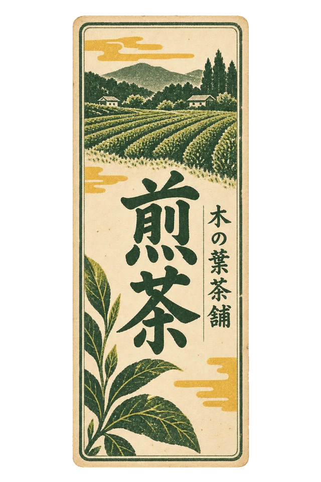 茶葉の枝と山の図案を組み合わせた、縦長の煎茶ラベル。