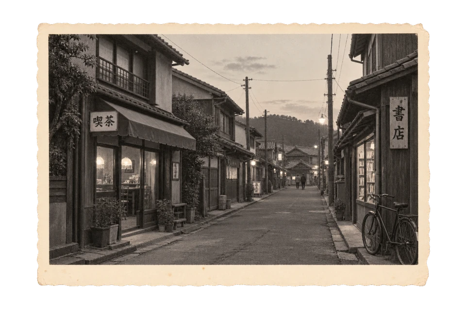 喫茶店と書店の灯りがともる、架空の町の夕暮れを写した古写真風素材。