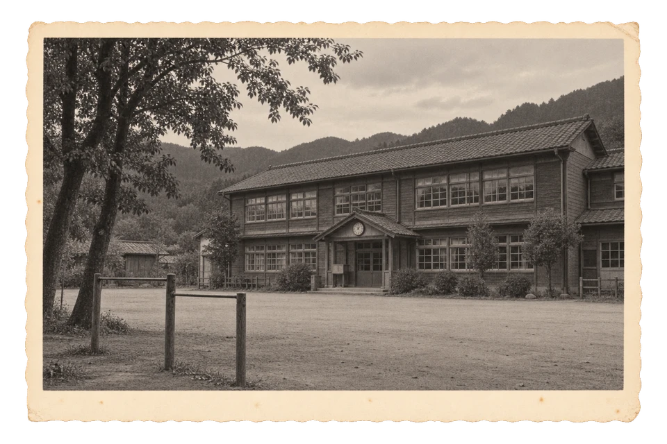 時計のある木造校舎と、放課後の静かな土の校庭を写した古写真風素材。