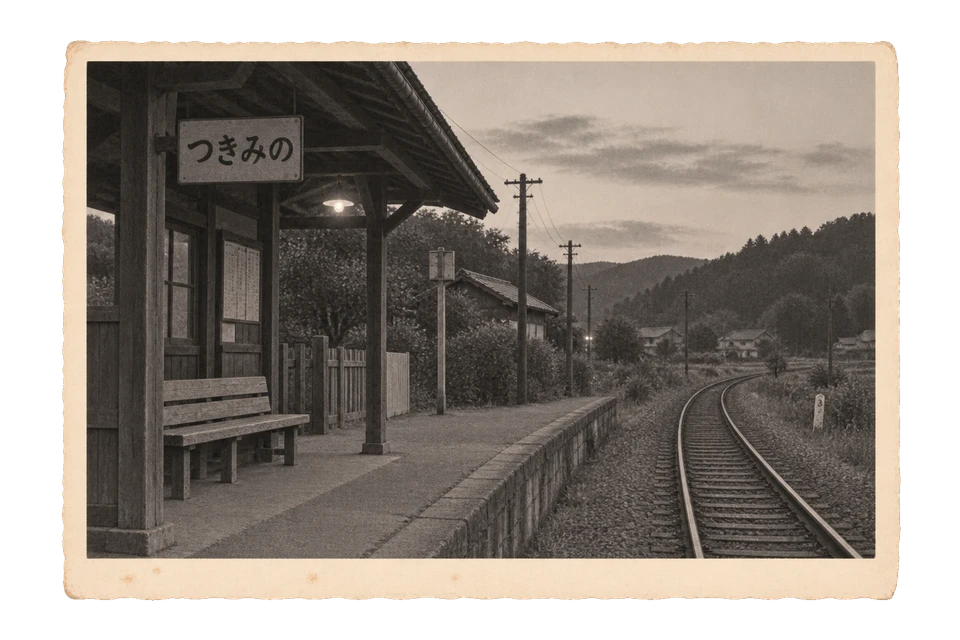 木のベンチと駅名板が残る、山あいの小さな駅のホーム。