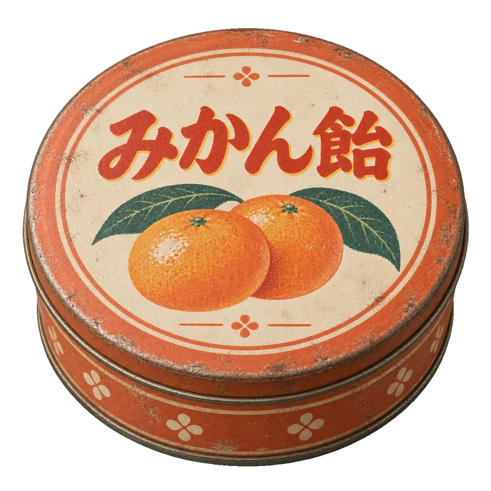 みかんと緑の葉を印刷した、橙色の丸い飴缶。背景透過の単体素材。