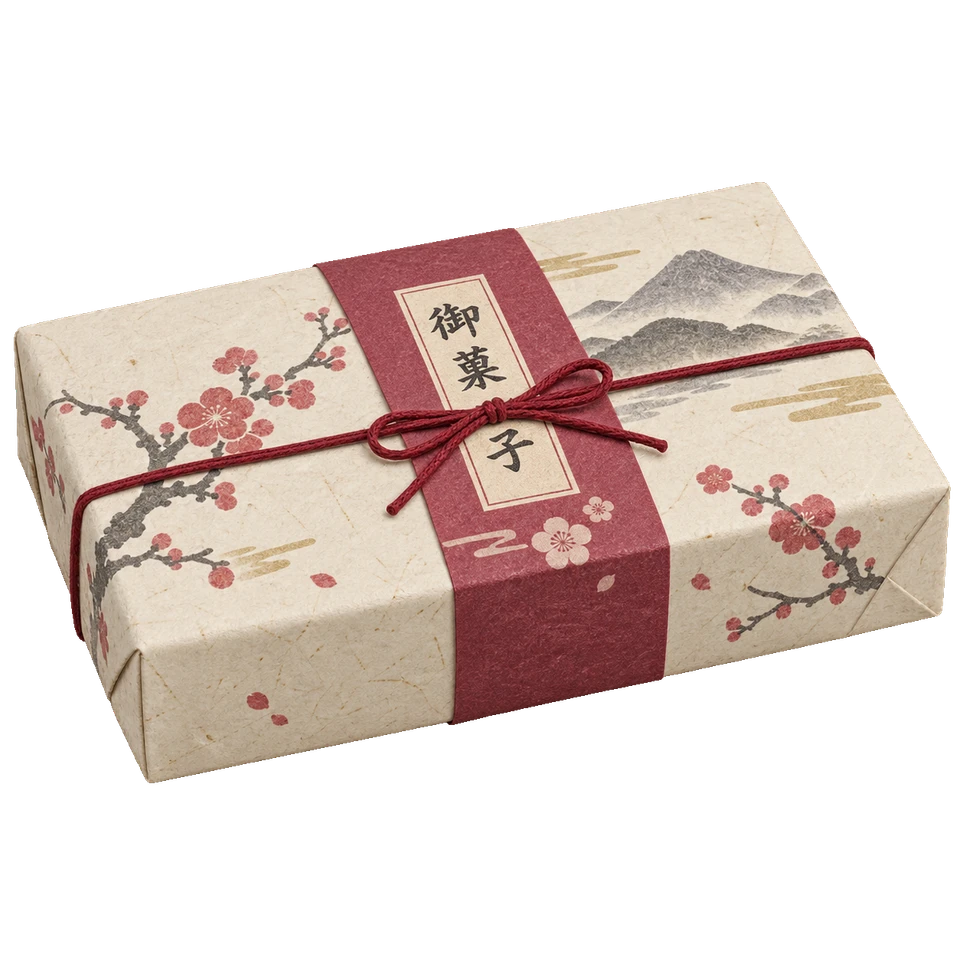 山と梅の包装紙に臙脂の帯を合わせ、赤い紐で結んだ旅館の菓子折り。背景透過の単体素材。