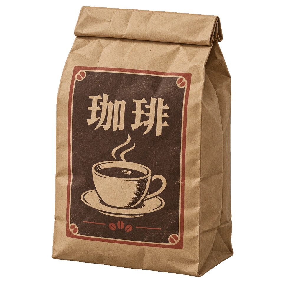 珈琲カップの印と焦茶の文字を刷った、口を折り返したクラフト紙袋。背景透過の単体素材。