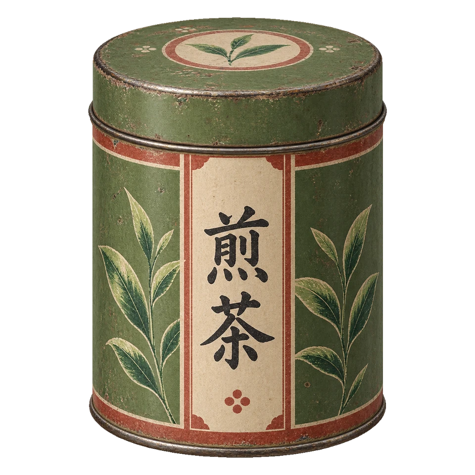 若草色の筒に茶葉の図案と縦書きのラベルを添えた、古い茶筒。背景透過の単体素材。