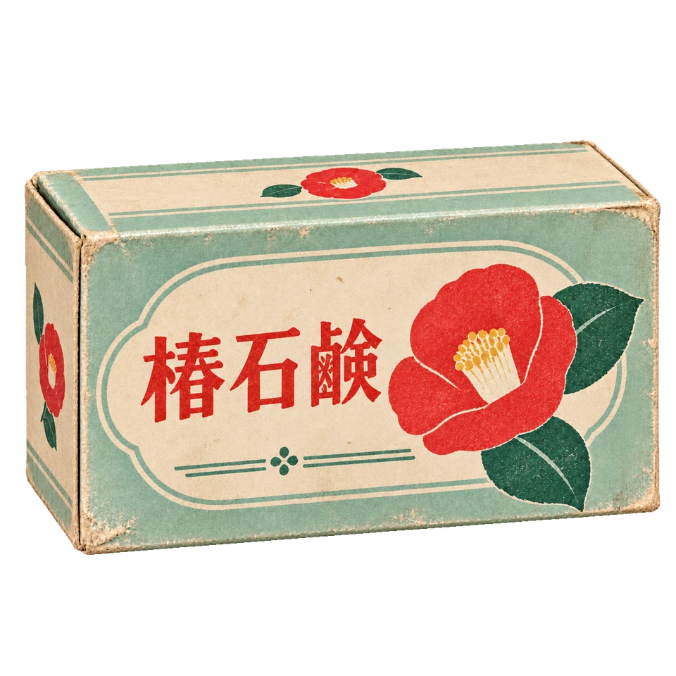 淡い緑と生成りの紙に、赤い椿の花を刷った石鹸箱。背景透過の単体素材。