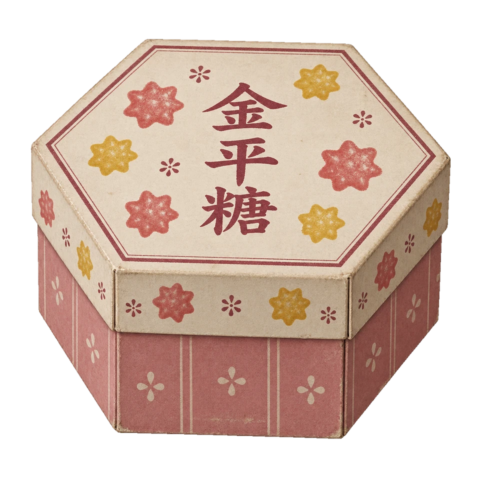 淡紅の側面と星形の砂糖菓子の図案を持つ、六角形の小箱。背景透過の単体素材。