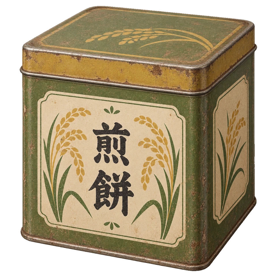 くすんだ緑と黄土色の角缶に、稲穂の図案と煎餅の文字を添えた箱型の缶。背景透過の単体素材。