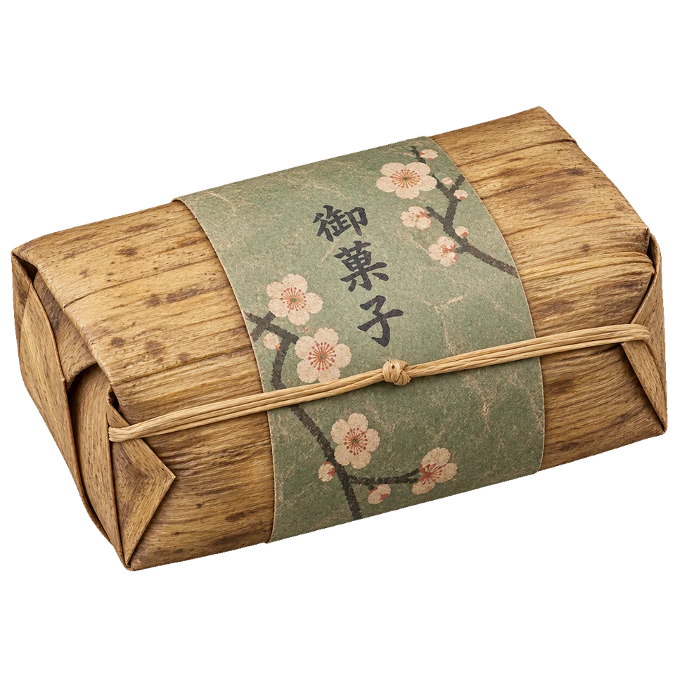 竹皮の繊維と折り返しを残し、梅の帯紙と細い紐を添えた菓子包み。背景透過の単体素材。