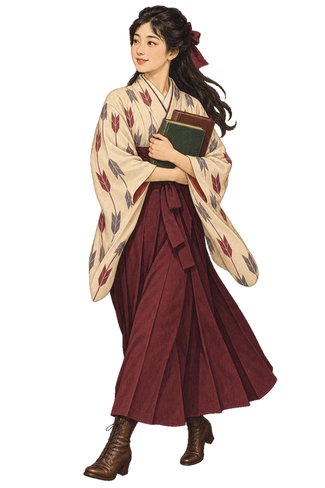 袴姿で本を抱え、左へ歩く女学生。背景透過の人物イラスト。