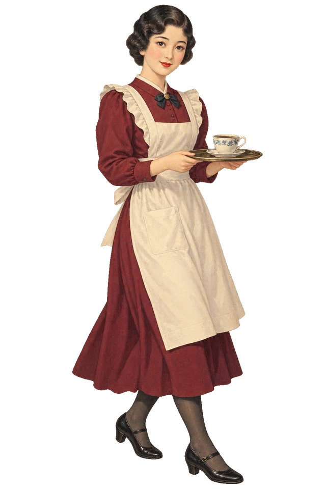 珈琲の載ったトレイを両手で運ぶ、エプロン姿の女給。背景透過の人物イラスト。