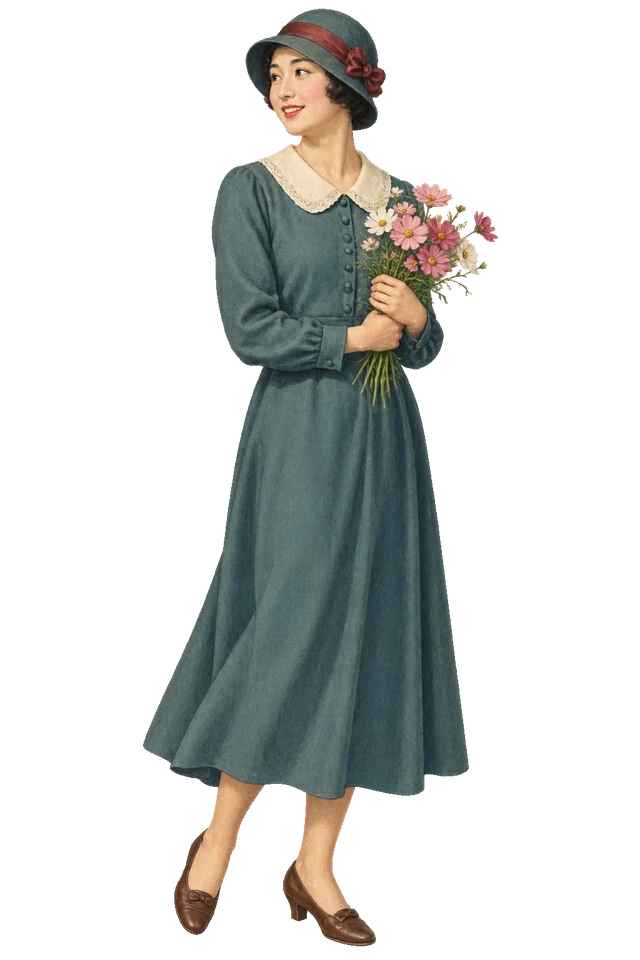 花束を抱え、振り向いて微笑む洋装の女性。背景透過の人物イラスト。
