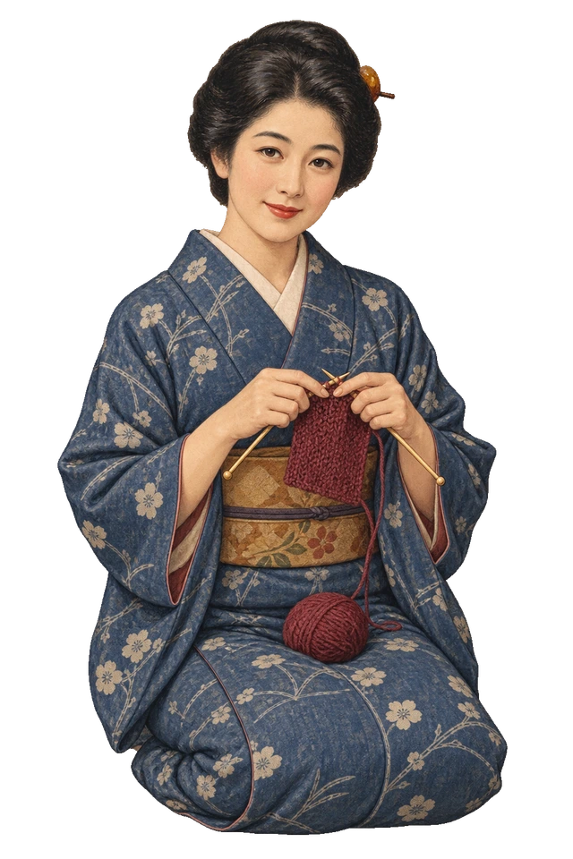 膝元の毛糸で編みものをする、正座姿の女性。背景透過の人物イラスト。
