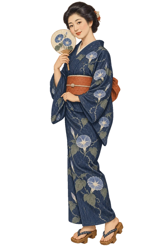 朝顔柄の浴衣を着て、うちわで涼む女性。背景透過の人物イラスト。