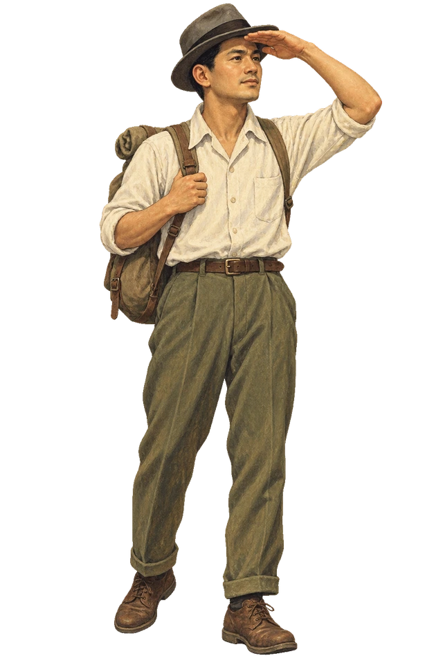 リュックを背負い、手を額にかざして遠くを見る旅人。背景透過の人物イラスト。