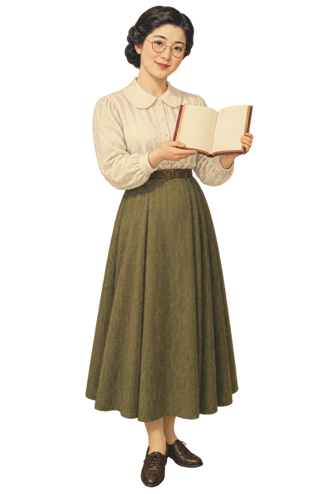 開いた本を差し出す、眼鏡を掛けた書店員。背景透過の人物イラスト。