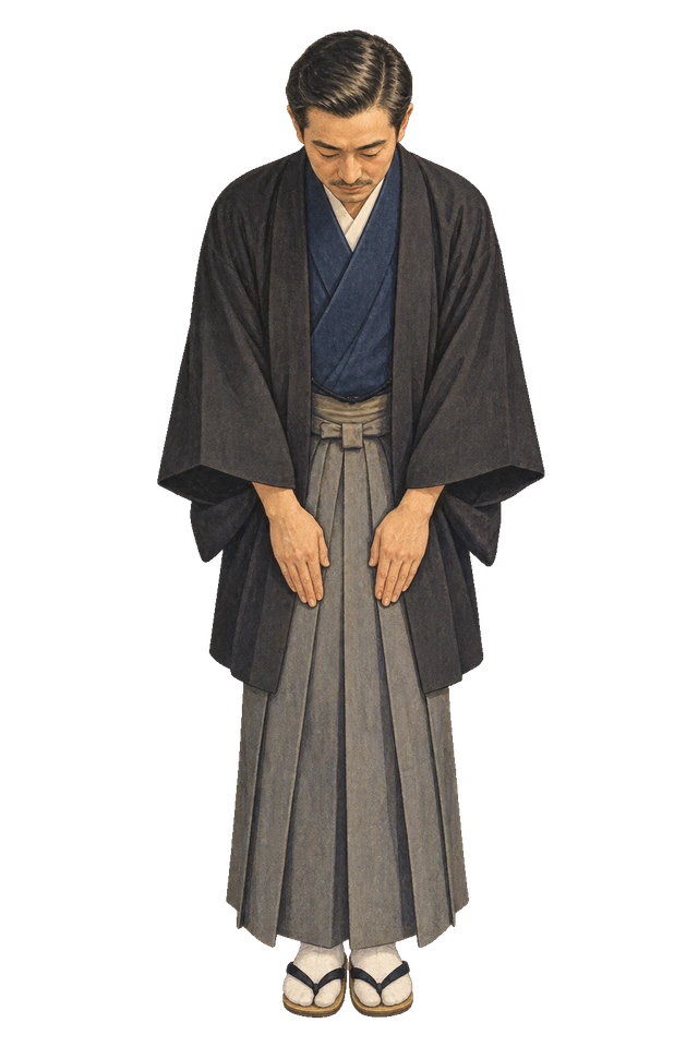 羽織袴で、丁寧にお辞儀をする男性。背景透過の人物イラスト。