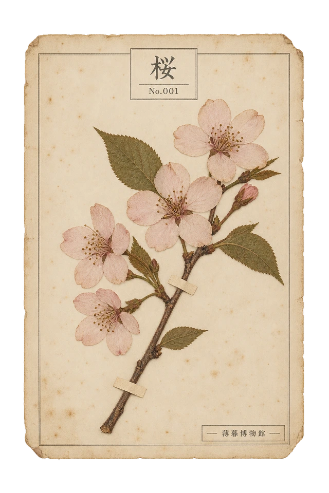 桜の押し花標本。古紙の台紙に、色の残った植物を紙帯で留めた押し花標本風の素材。ピンなし。
