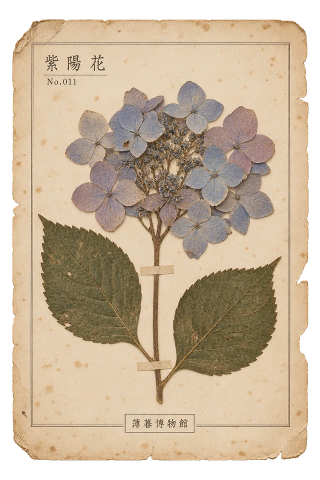 紫陽花の押し花標本。古紙の台紙に、色の残った植物を紙帯で留めた押し花標本風の素材。ピンなし。
