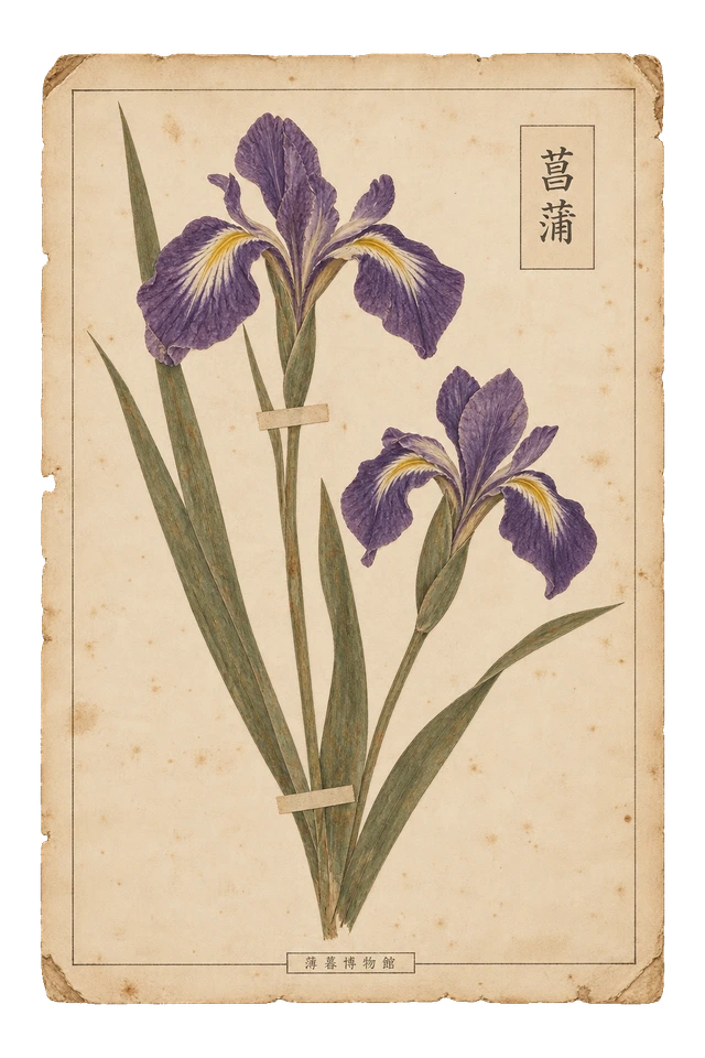 菖蒲の植物図案。花と葉を細やかに描いた、古い植物図譜を思わせる紙の図案。
