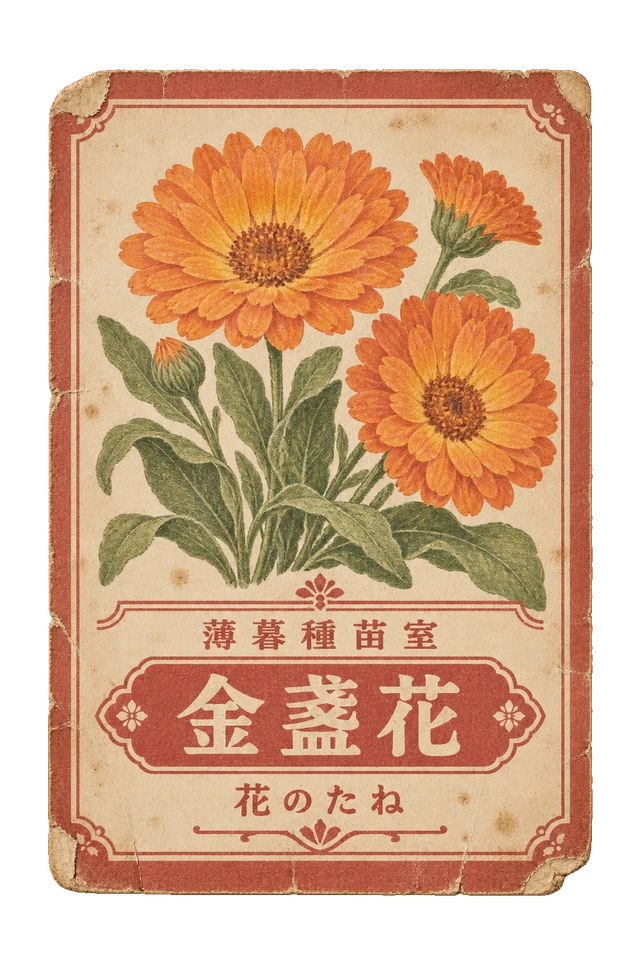 金盞花の種袋ラベル。架空の薄暮種苗室の、花を大きく刷った古い種袋用ラベル。