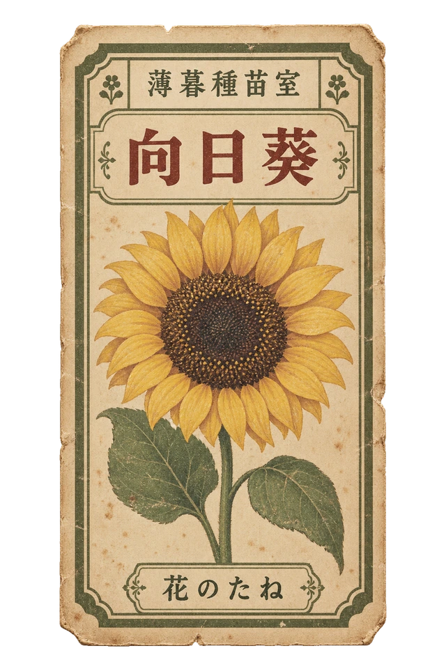 向日葵の種袋ラベル。架空の薄暮種苗室の、花を大きく刷った古い種袋用ラベル。