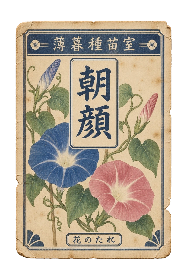 朝顔の種袋ラベル。架空の薄暮種苗室の、花を大きく刷った古い種袋用ラベル。