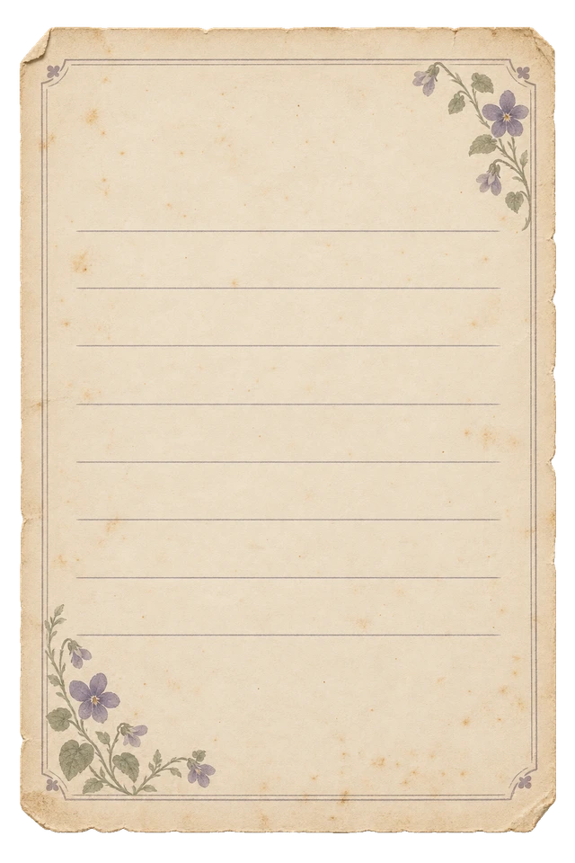 すみれの便箋。花や葉の小さな図案を添えた、書き込み欄が空白の古紙素材。