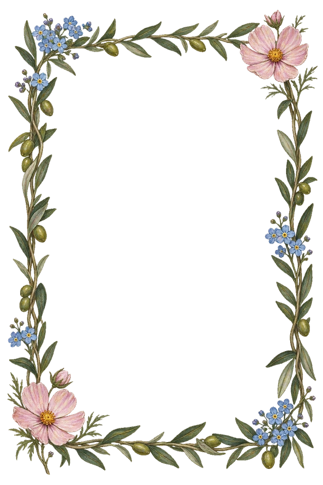 野の花の長方形フレーム。花と葉で囲んだ、中央・外側・茎の隙間が透過の装飾フレーム。