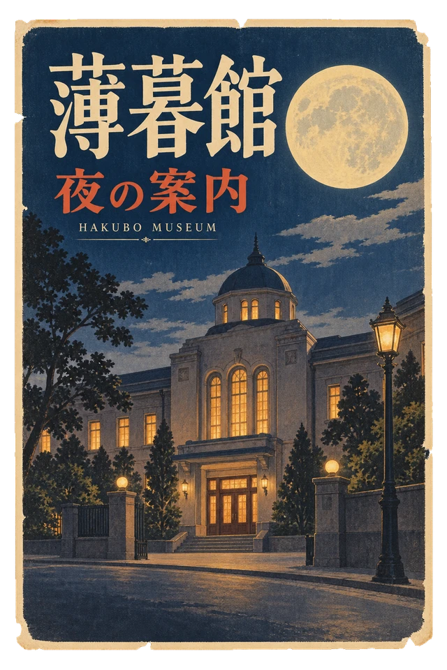 大きな満月と灯りのともる博物館を描いた、紺色の夜間案内ポスター。