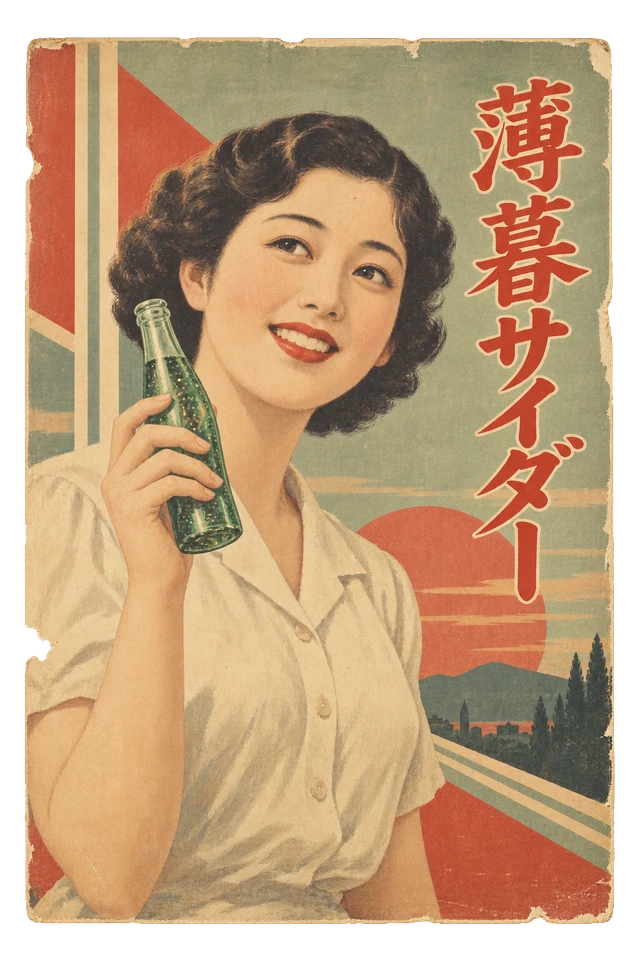 緑色のサイダー瓶を手にした女性と幾何学模様を組み合わせた飲料広告。