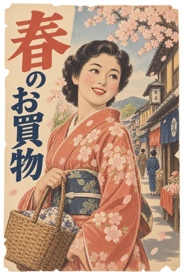 買物かごを持つ女性と桜の商店街を描いた、春の買物案内。