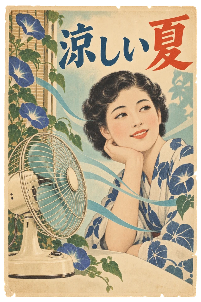 扇風機と朝顔、涼む女性を組み合わせた、淡い青の夏の広告。