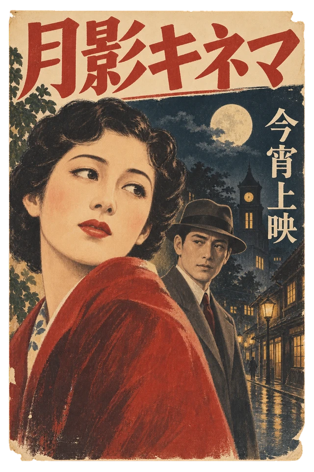 架空の男女と月夜の時計塔を描いた、月影キネマの上映広告。